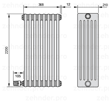 Схема (чертеж) Радиатор Zehnder Charleston 6220/8 №V003 Белый глянцевый RAL 9016